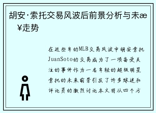 胡安·索托交易风波后前景分析与未来走势